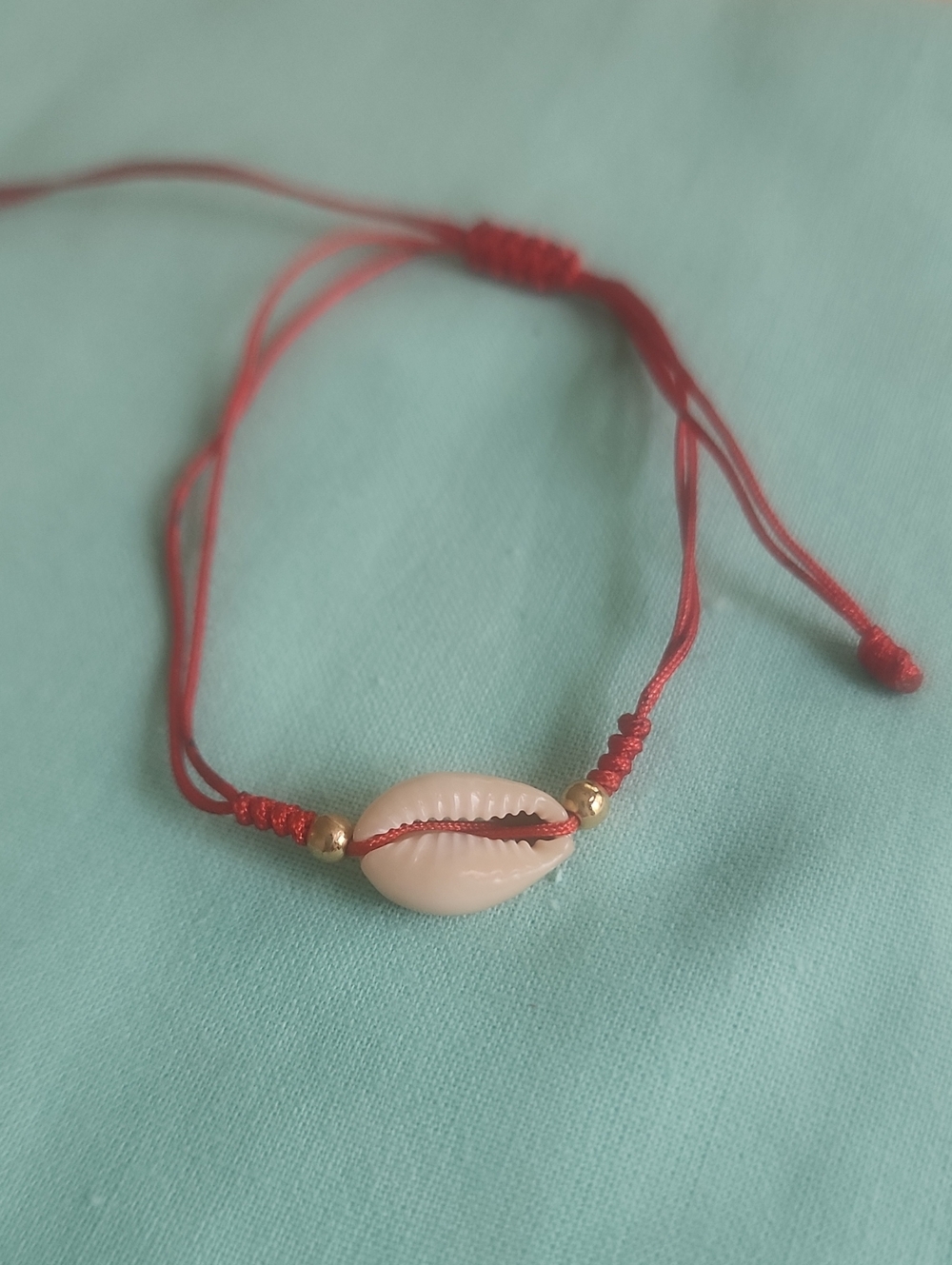 Red Cord Shell Bracelet with Gold Beads
